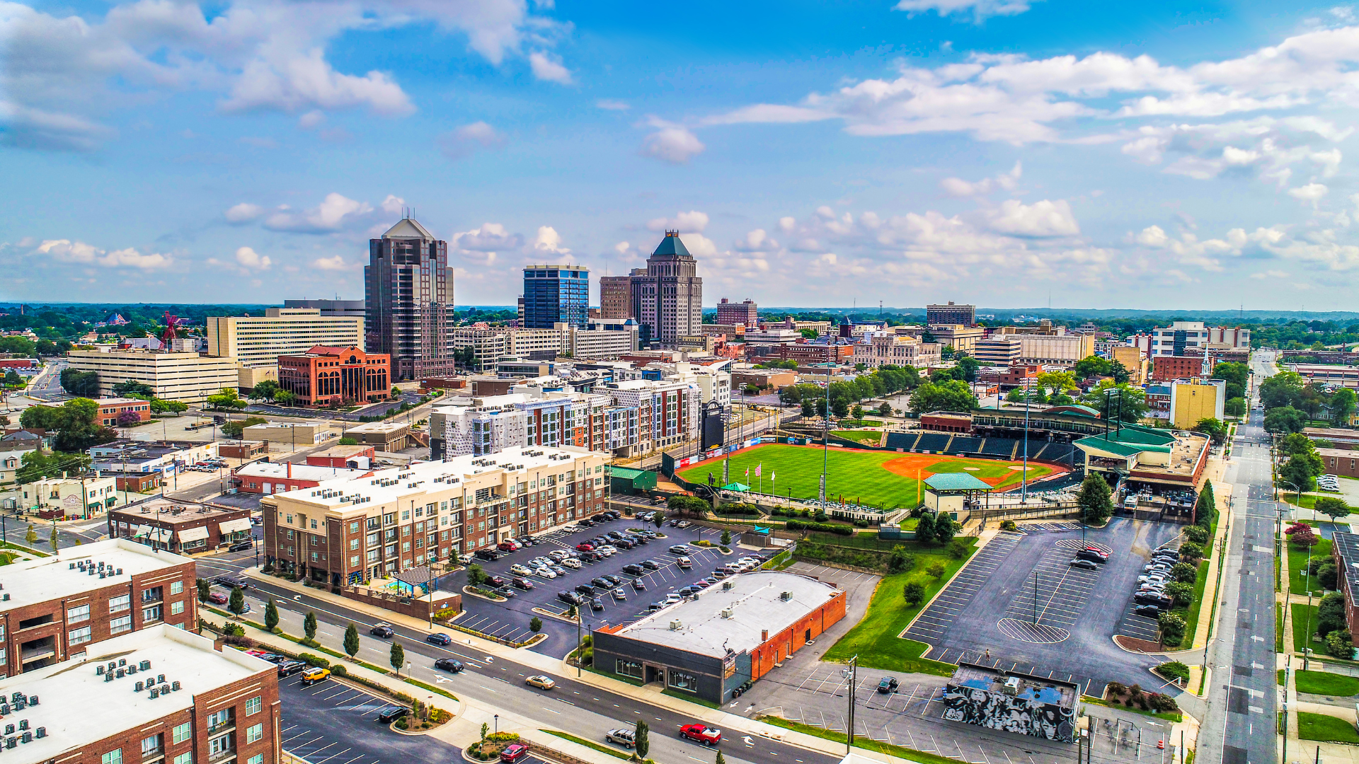Drone Aerial of Downtown Greensboro North Carolina Skyline