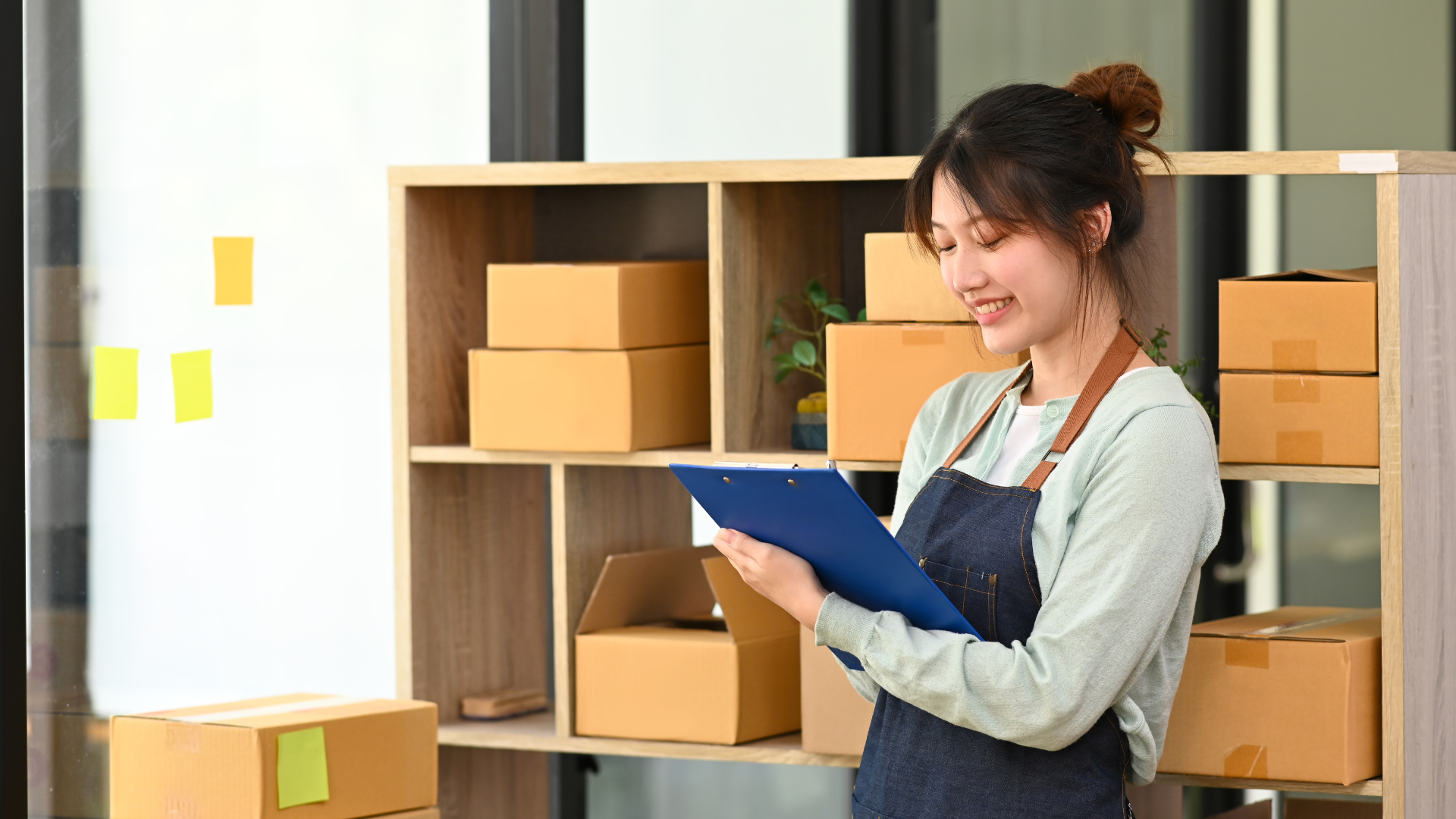 Small business owner in apron packing her business her stuff for a move