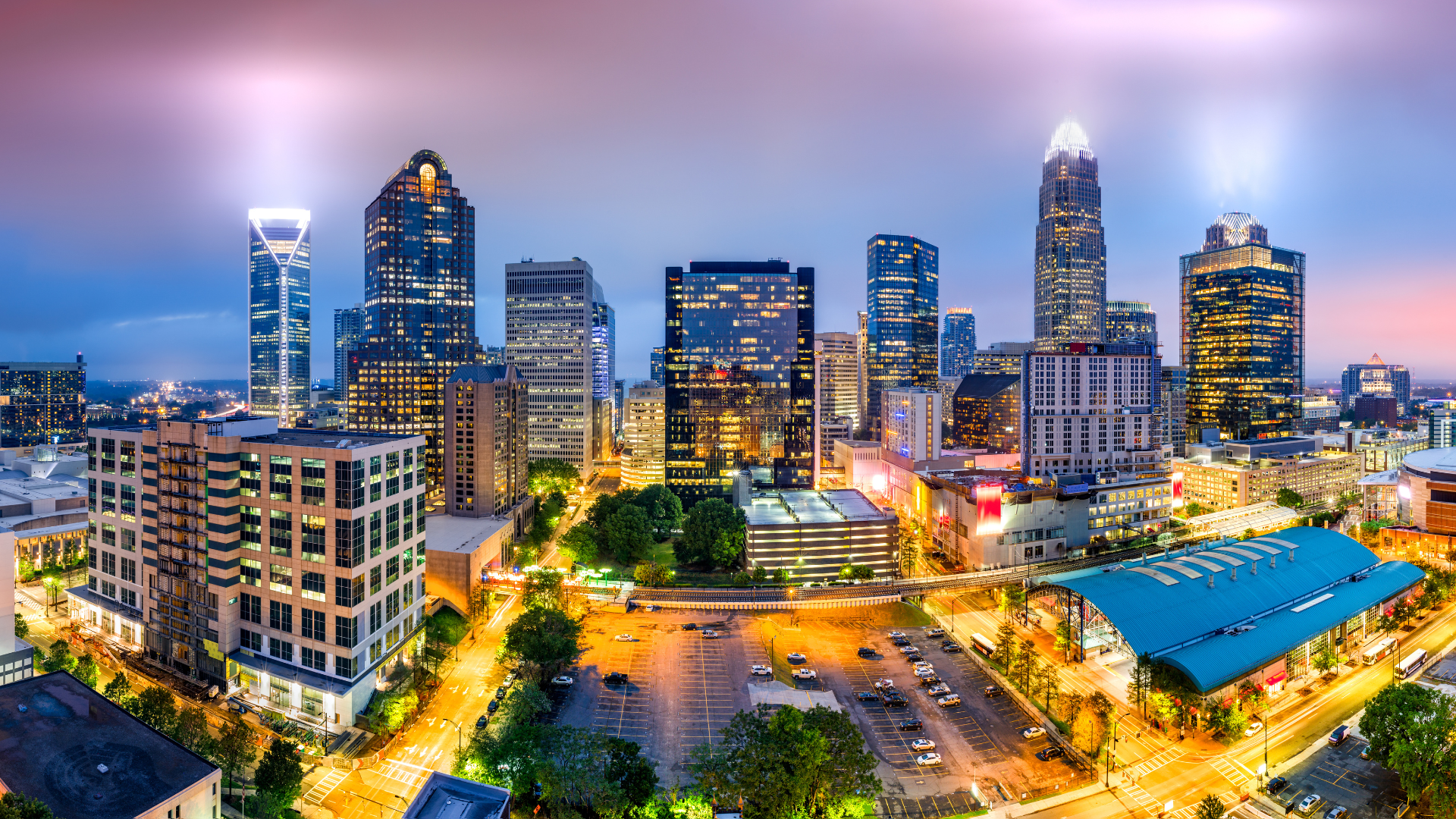 Aerial shot of the busy city of Charlotte, NC