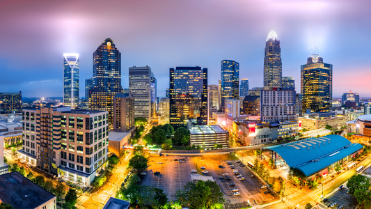 Aerial shot of the busy city of Charlotte, NC