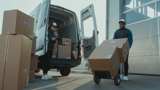 2 movers happily moving packed items, one is carrying the packages and the other is double checking the checklist