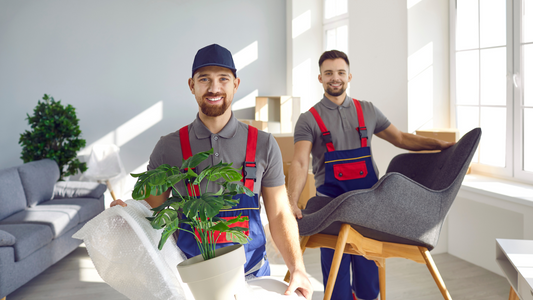 2 movers carrying heavy furniture and happily moving out items out of the unit 